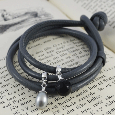 Leather wrap bracelet with pearl charm in sterling silver