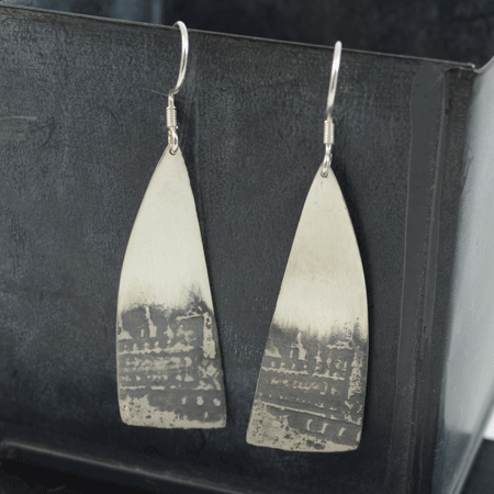 Etched cityscape silver earrings