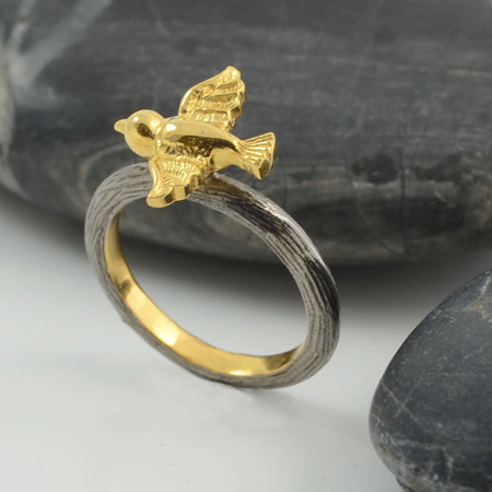 golden bird sterling silver ring