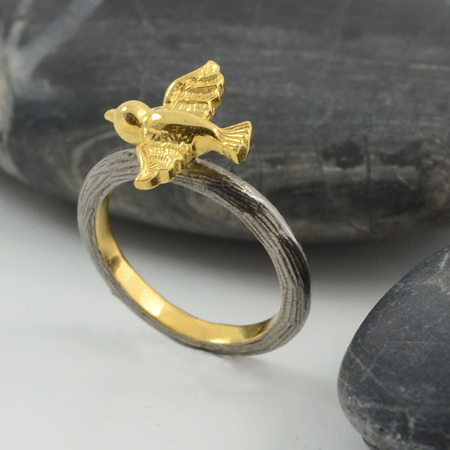 Gold bird on silver ring - buy online at Crowded Silver