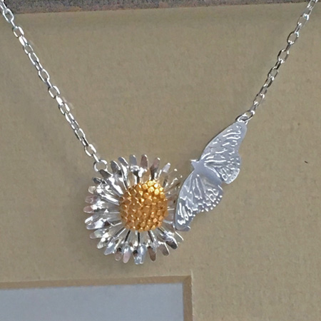Amanda Coleman butterfly and daisy silver necklace