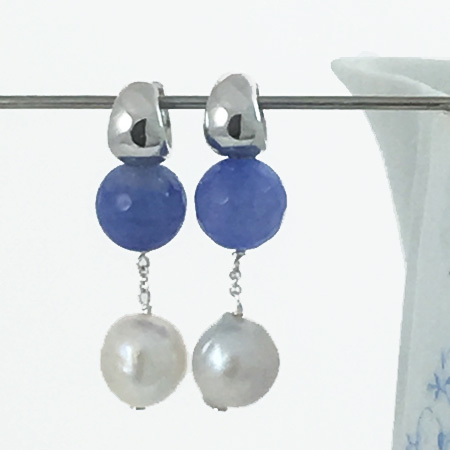 Blue bead and pearl earrings in sterling silver