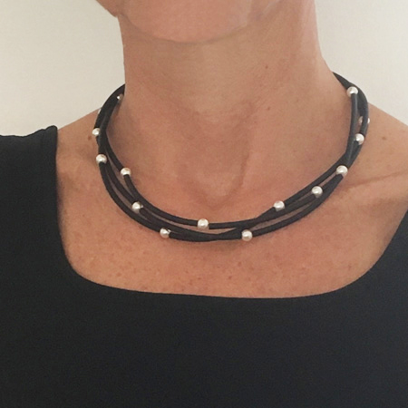 pearl black necklace with neoprene strands and Swarovski Crystal pearls