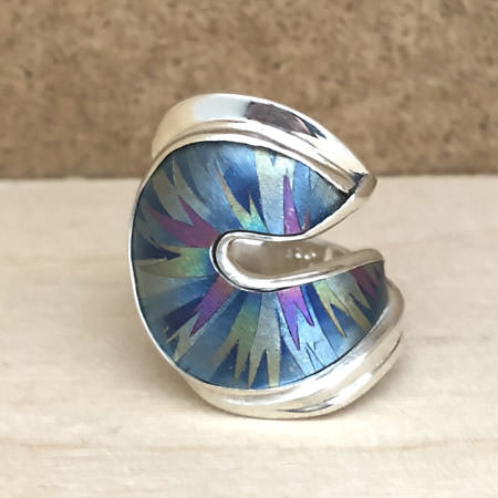 Blue splash niobium and silver ring