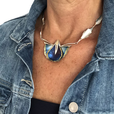 Unique blue poppy silver necklace