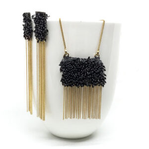 Black beaded gold bib necklace