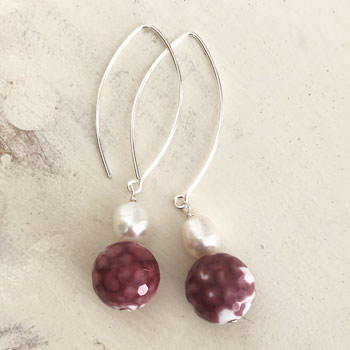 Red agate and pearl drop silver earrings